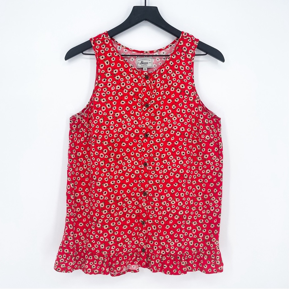 G.H. Bass & Co. Micro Floral Ruffle Hem Tank Red Medium